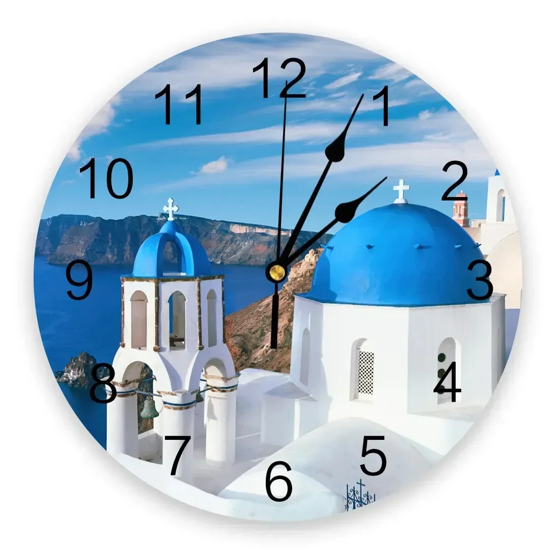 

Greece Santorini Blue Roof Church Wall Clock Modern Design Clocks Wall Hanging Home Decor Living Room Round PVC Wall Clocks