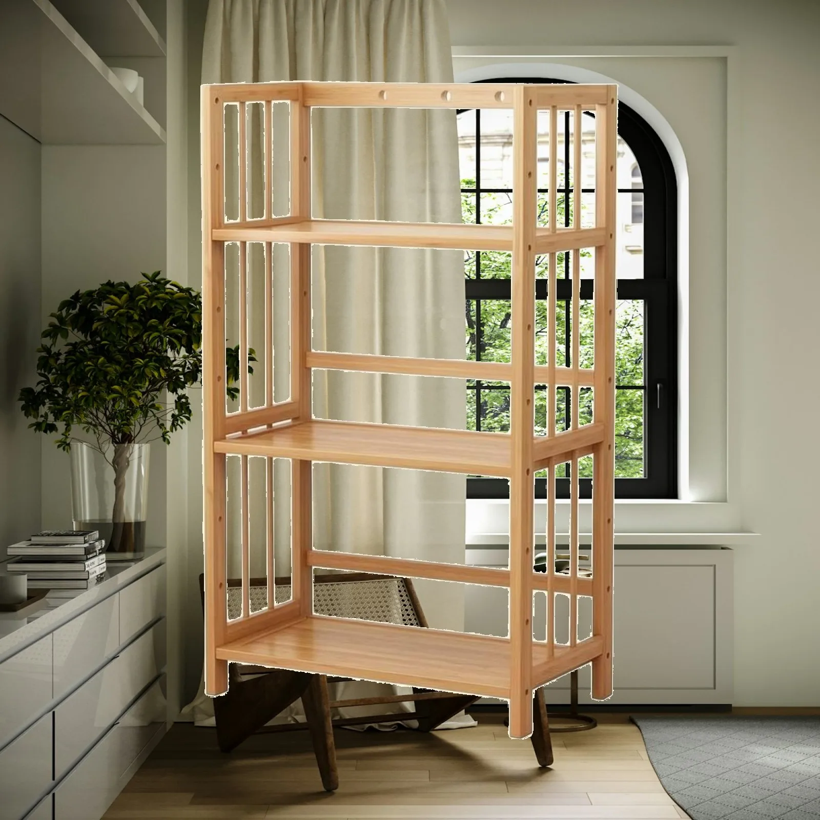 Bamboo Three Tier Bookshelf with Adjustable Shelf Spacing Multi Use Storage Rack for Bedroom Study Living Area