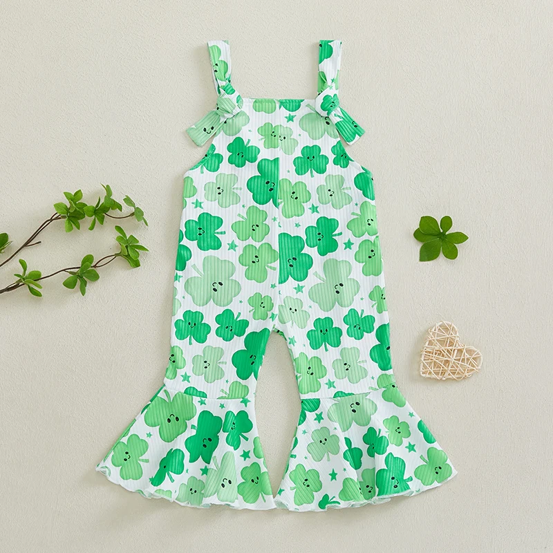 Toddler Girl Bell-Bottom Jumpsuit Clover Print Square Neck Knotted Ribbed Flare Pants Overalls Baby Irish Clothes