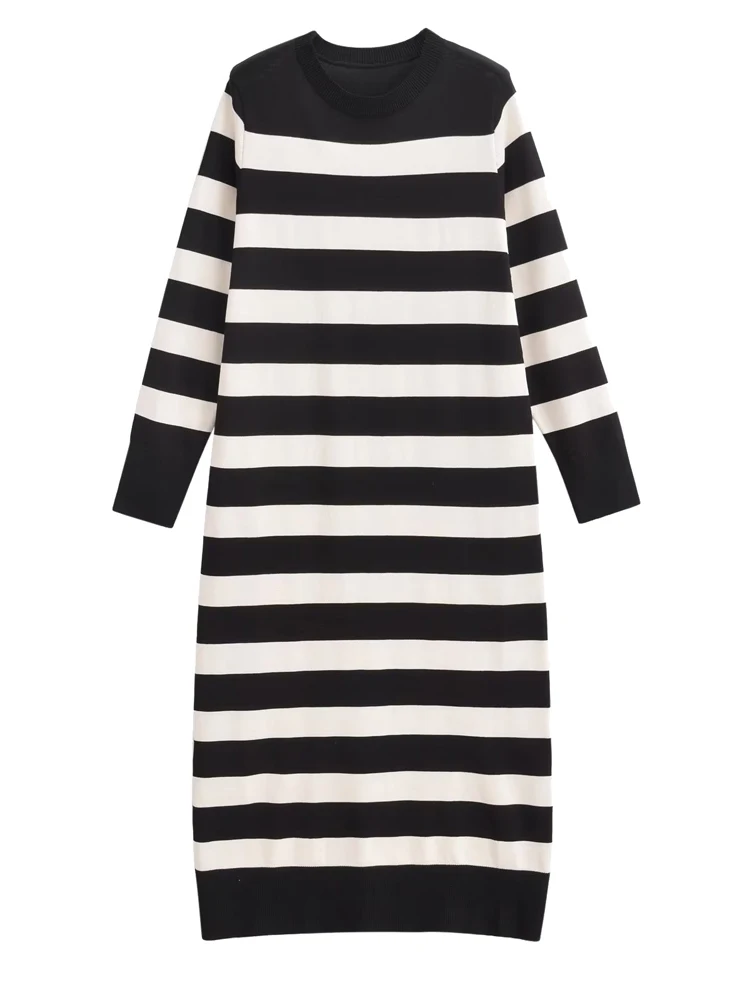 

Vintage Striped Dress Women Elegant Long Knitted Dresses Lady Autumn Long Sleeve Midi Dress Female High Street Slim O Neck Robe