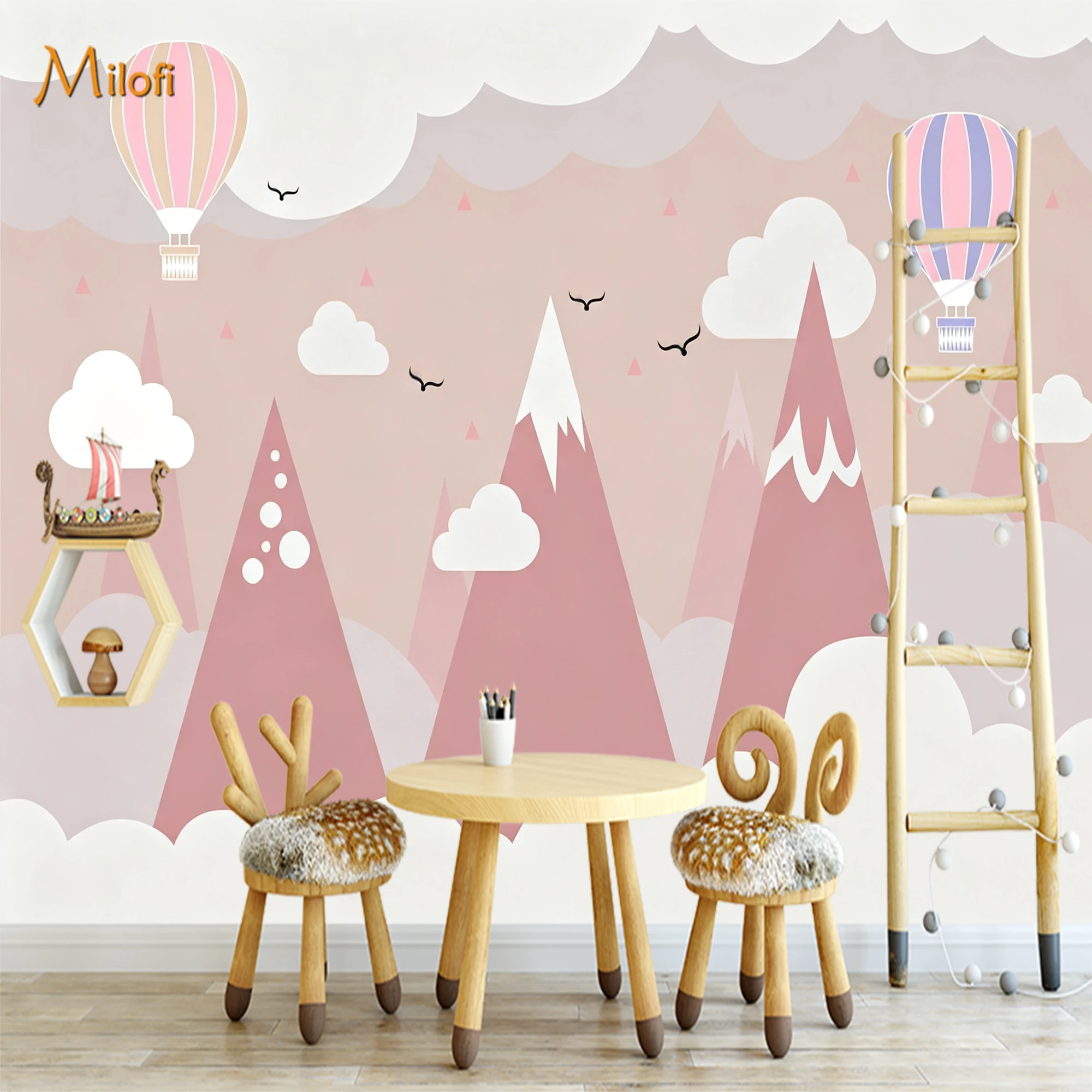 Custom Mural Wallpaper Kids Pink Mountain Hot Air Balloon Peel And Stick Wall Mural Cartoon Scenery For  Girl  Bedroom Home Deco