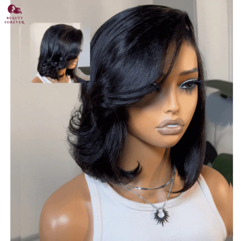 

Beauty Forever Side Bangs Glueless BOB Wig Invisible Bleached Knots 4x4 Lace Closure BOB Human Hair Wig Pre Cut Lace Pre Plucked