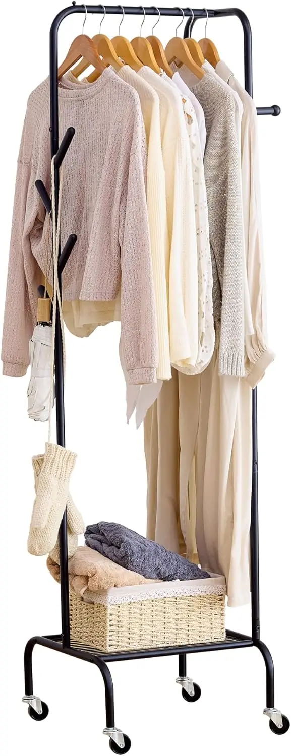 

Вешалка для одежды FILWH на колесиках с полкой для хранения, напольная вешалка-стойка с 6 крючками для прихожей, спальни, металлическая вешалка для одежды