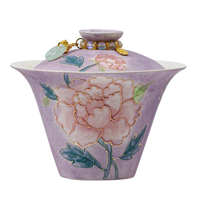 New Hand-painted Peony Cover Bowl, Household Ceramic Tea Bowl, Tea Set, Single Teacup Is Not Hot