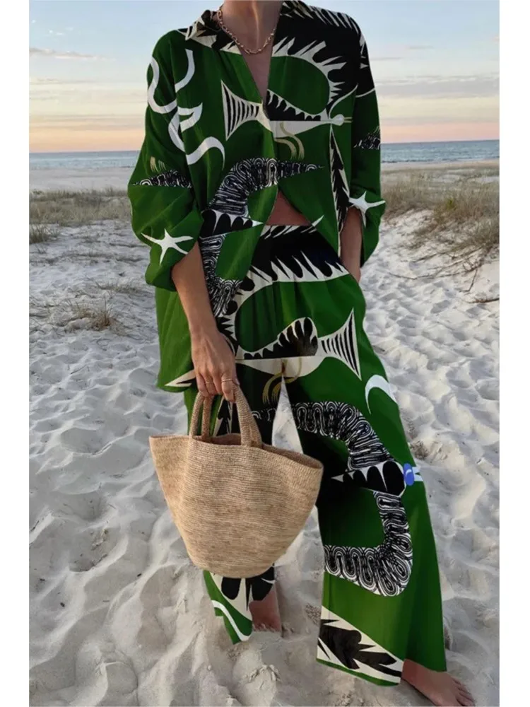

Spring Summer Fashion Print Beach Holiday Two Piece Sets Casual Long Sleeve Shirt Top + Wide Leg Pant Women's Two-Piece Outfit