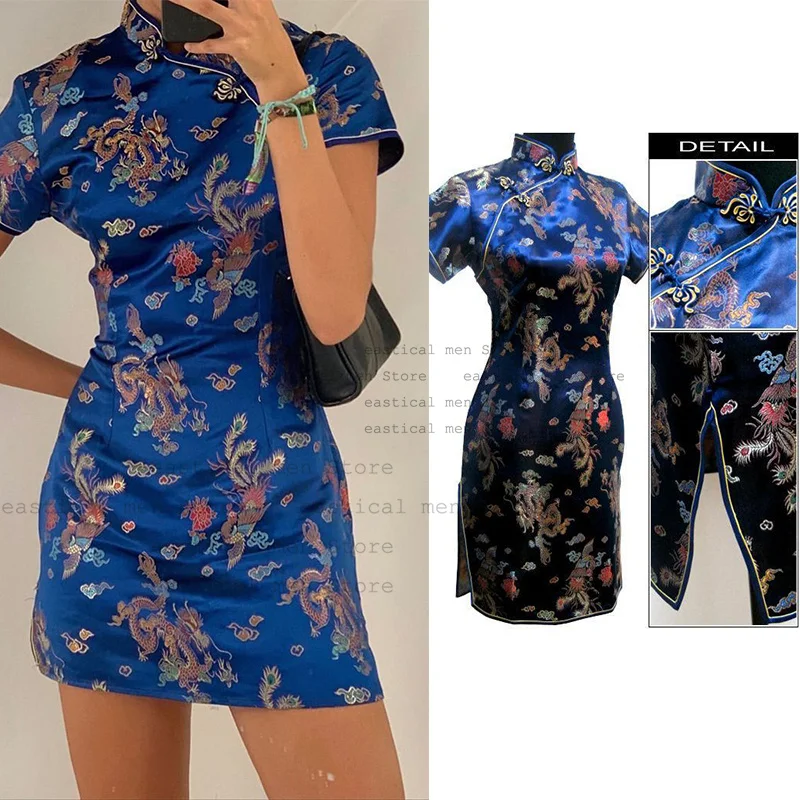 

Short Qipao Black Chinese Dress Women Sexy Cheongsam Oversize 3Xl 4Xl 5Xl 6Xl Tradition Chinese Costume Night Party Vestidos