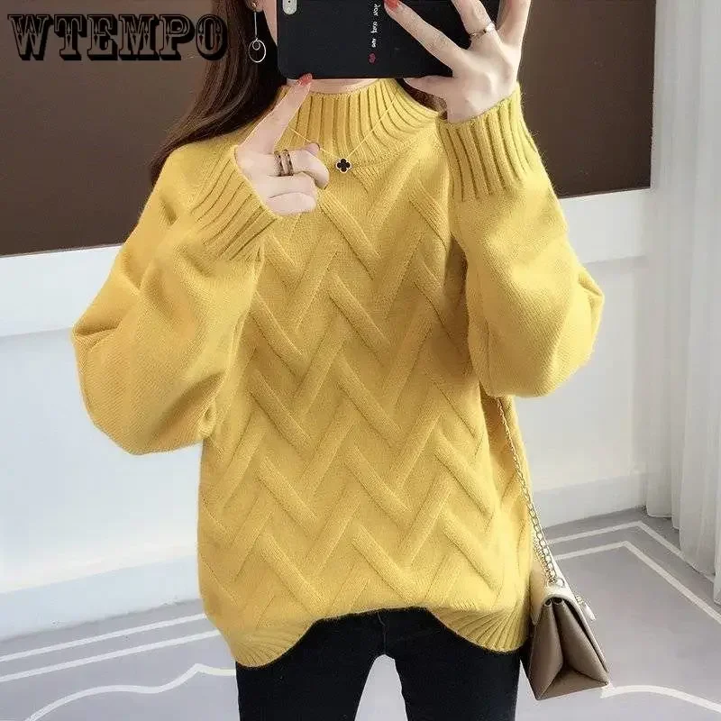 WTEMPO Women Long Sleeve Knitted Sweater Winter Fall Pullover Jumper Casual Loose High Half Neck Soft Comfortable Knitting Tops