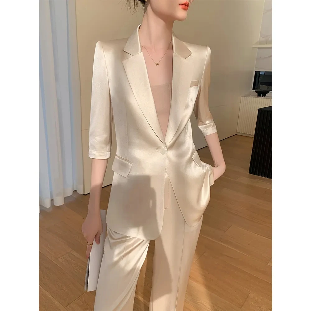 Summer Spring 2024 New One Button Half Sleeve Blazer Jacket Coat Casual Two-piece Elegant Women's Trousers Office Lady Suit