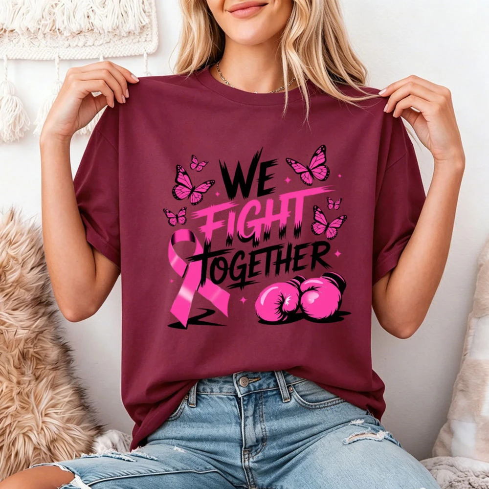 We Fight Together Pink Ribbon Boxing Gloves Butterfly Print Tees Women Clothes Breast Cancer Awareness Fall O Neck Clothes