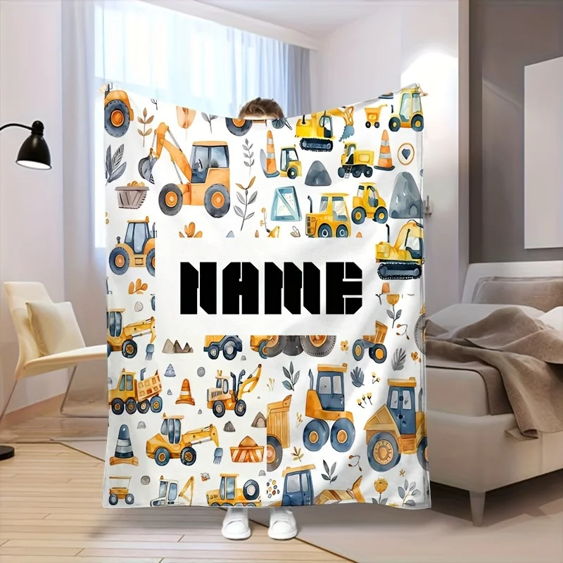 1 piece of text customized cartoon engineering vehicle printed flannel blanket, personalized soft and warm digital printed