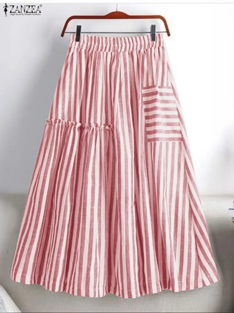 ZANZEA موضة النساء عالية الخصر مكتب شريط التنانير الخريف Jupes أنيقة ألف خط OL العمل Faldas Saia أنيق مطوي ميدي تنورة #3
