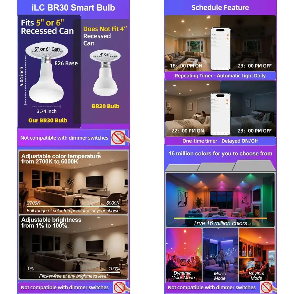 

Color-Changing LED Flood Lights, App-Controlled, Timers, 12-Pack for Kitchen & Living Room Indoor Use