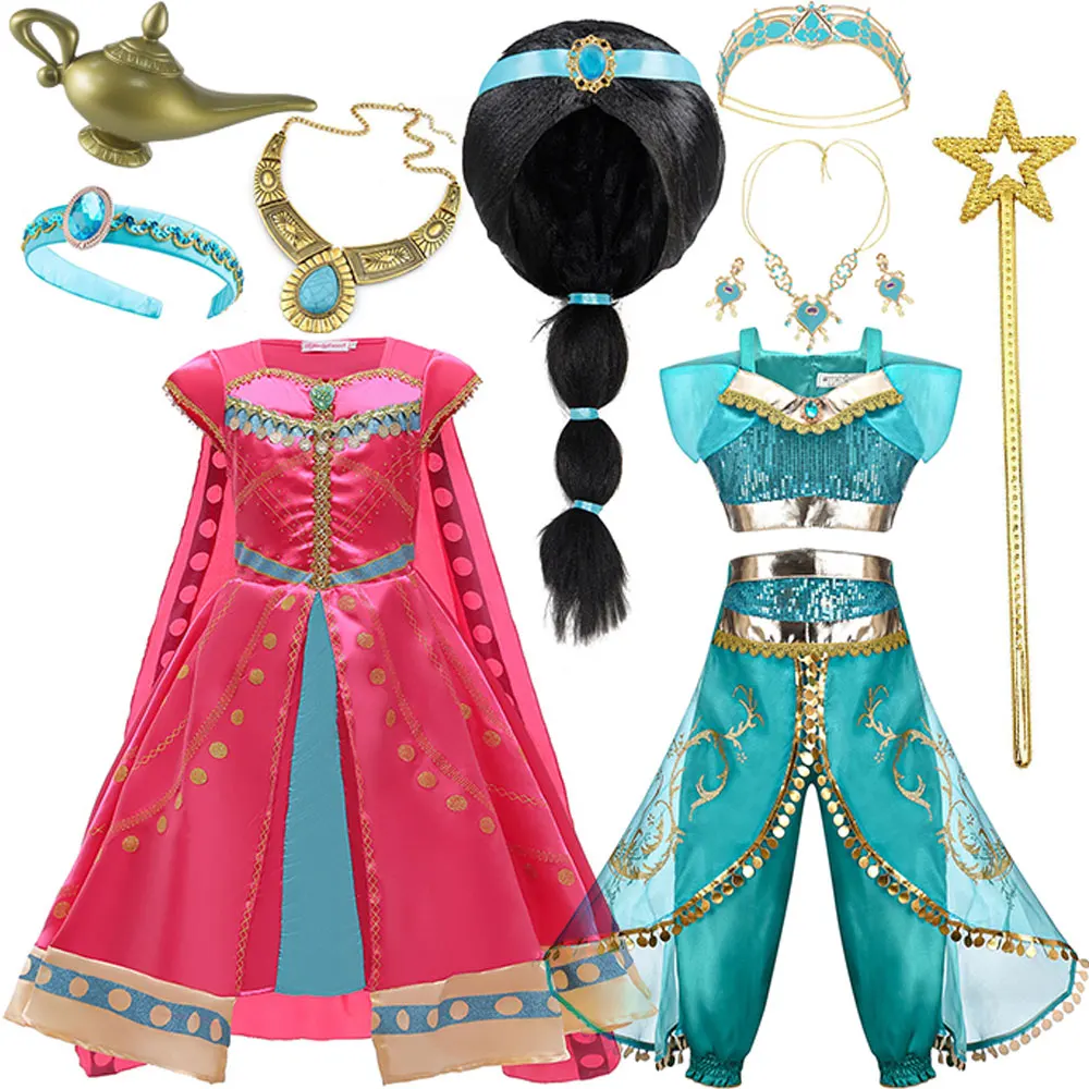New Jasmine Princess Sleeveless Dress for Girl Carnival Cosplay Aladdin Girl Halloween Christmas Two Piece Set Green Dress Set