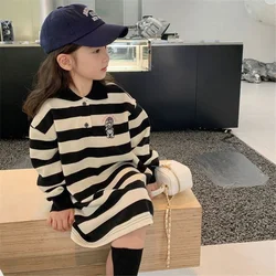 Girls Stripes Dresses Autumn Spring Long Sleeve polo neck Sweatshirt Dress Kids Fashion Casual Clothes 1-10 Years