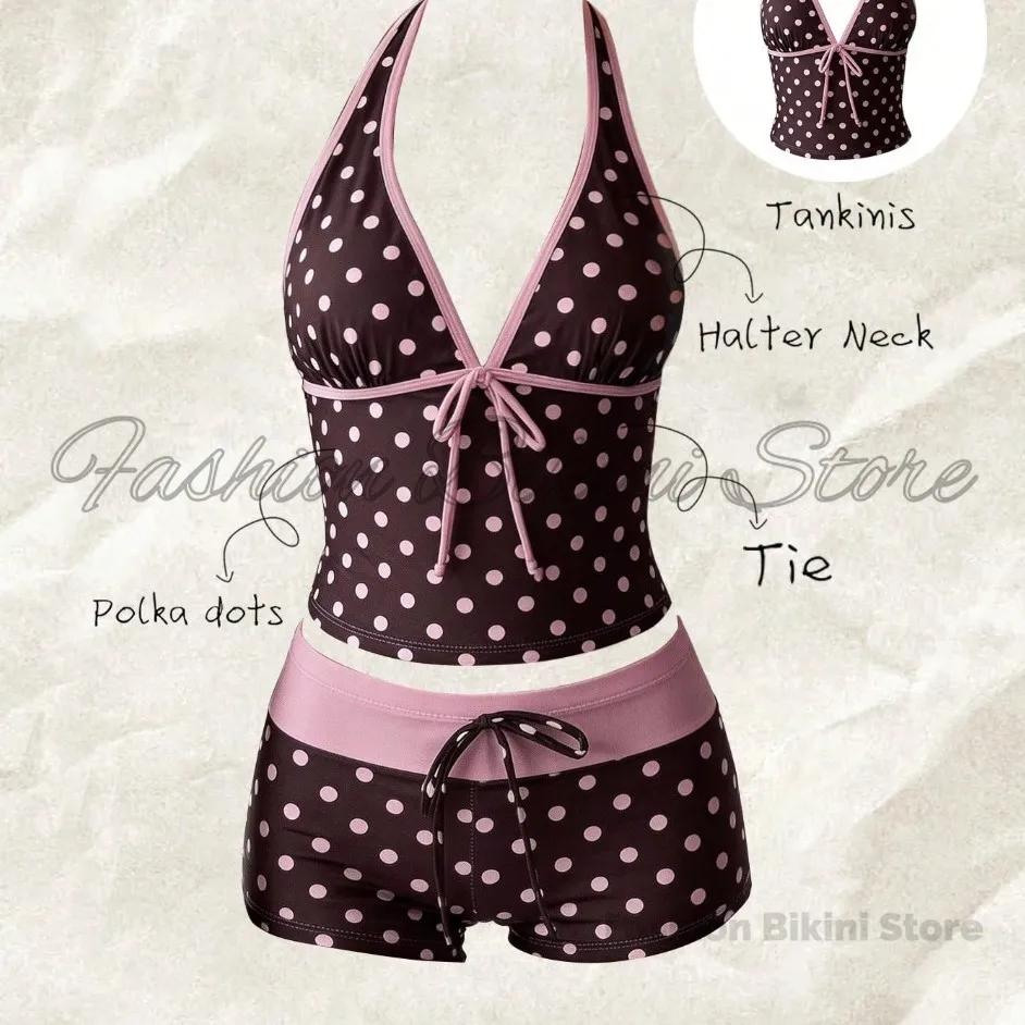 Women Swimwears Polka Dot 2-Piece Tankini Set Halter V Neck Front Tie Cami Top & Contrast Waistband Drawstring Swim Shorts