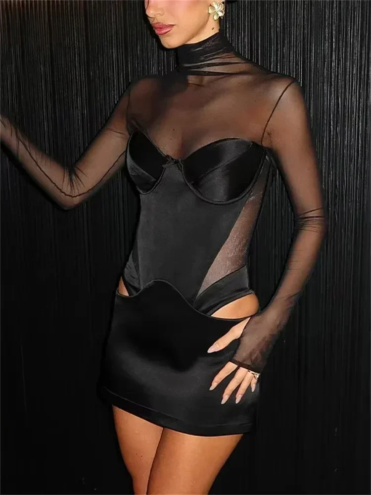 Pull Sexy en maille pour femmes, col roulé, manches longues, en Satin, découpé, moulant, court, Club, mode soirée, robe de soirée, 2024