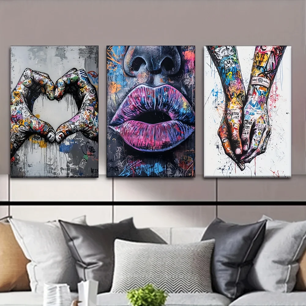 (No frame)2D 3pcs/Set, Canvas Painting--Unframed, City Street Graffiti Hand in Hand, Artist Drawing Set, Living Room, Library