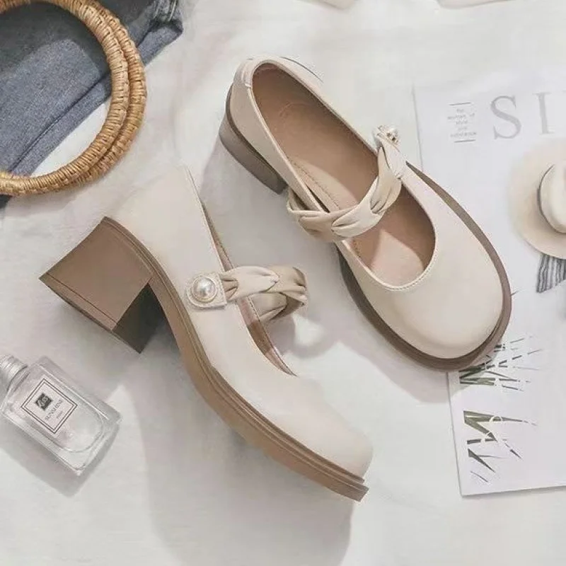 

Mary Jane Shoes for Women, Round Toe, Spring New Style Mid Heel, Versatile, Chunky Heel, Shallow Mouth, Thick Sole, Single Shoes