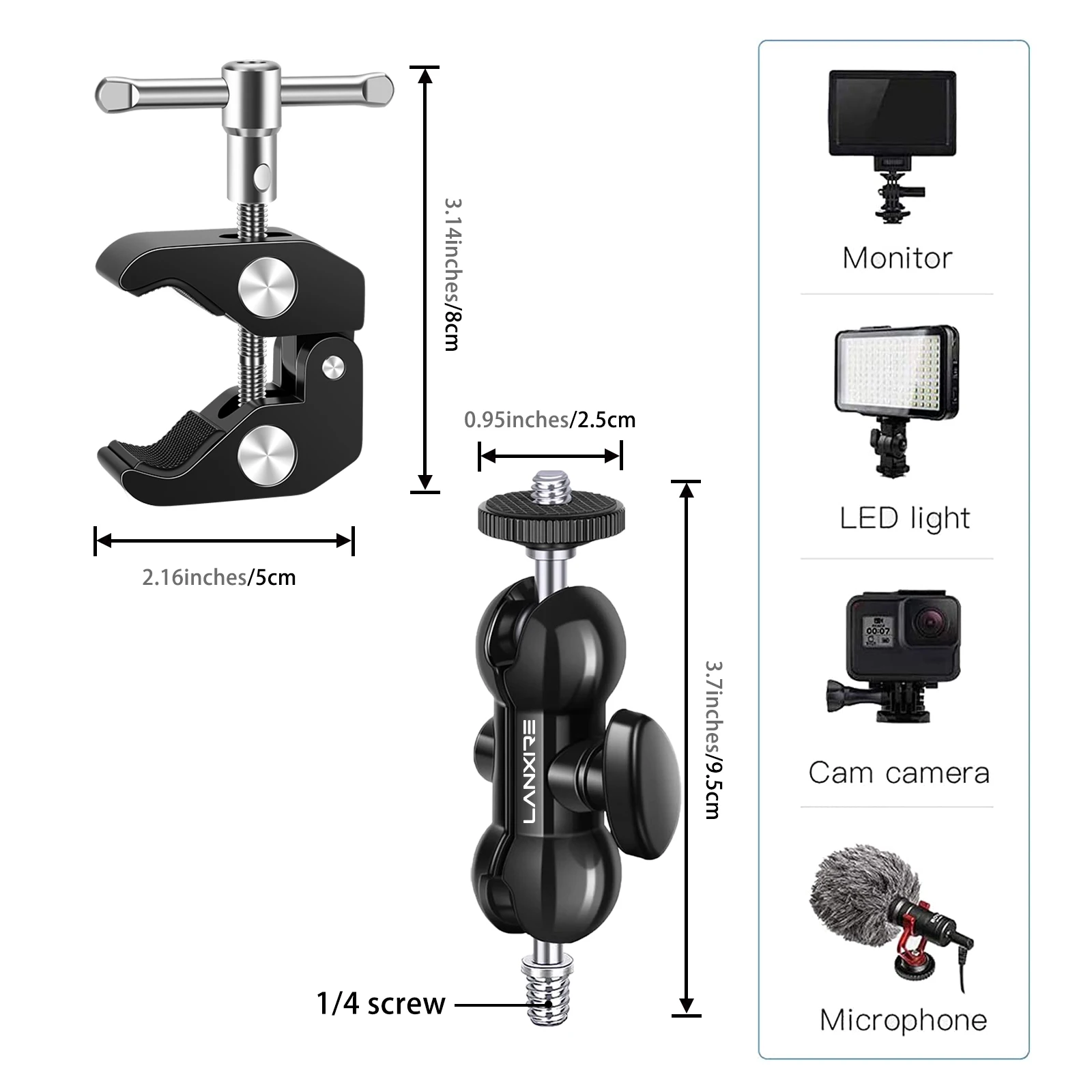 Lanxire Super Clamp Camera Mount with Double Ball Head and 1/4'' Screw for DSLR, Gopro, Insta360, Action Camera, Microphone