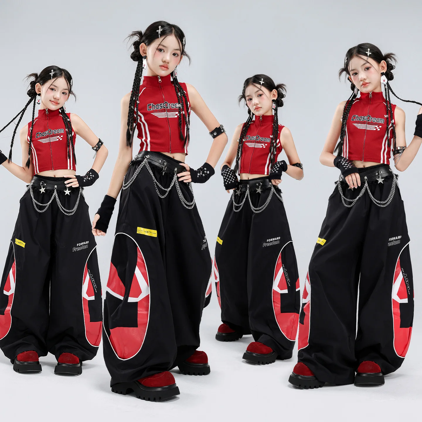 Girls K-pop Crop Zip Top Gradient Loose Street Dacne Pants Children Hip Hop Streetwear Costume Kids Jazz Girl Group Clothes Sets