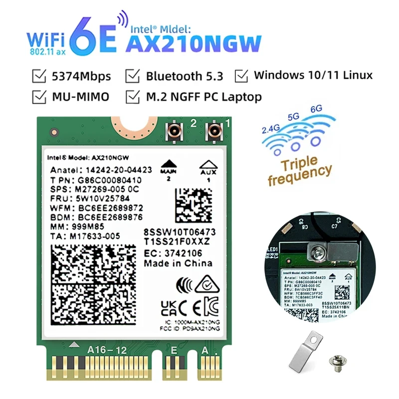 WiFi 6E AX210 Bluetooth 5.3 M.2 Wireless Card AX210NGW 2.4Ghz 5Ghz 6Ghz 5374Mbps 802.11ax Wifi 6 Adapter For laptop PC