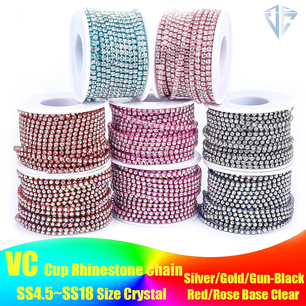 VC SS4.5-SS18(1.5mm-4.5mm)Silver/Gold Red AB Base Crystal Dense Apparel Sewing Glass Rhinestone Cup Chain DIY Crystal Trimming