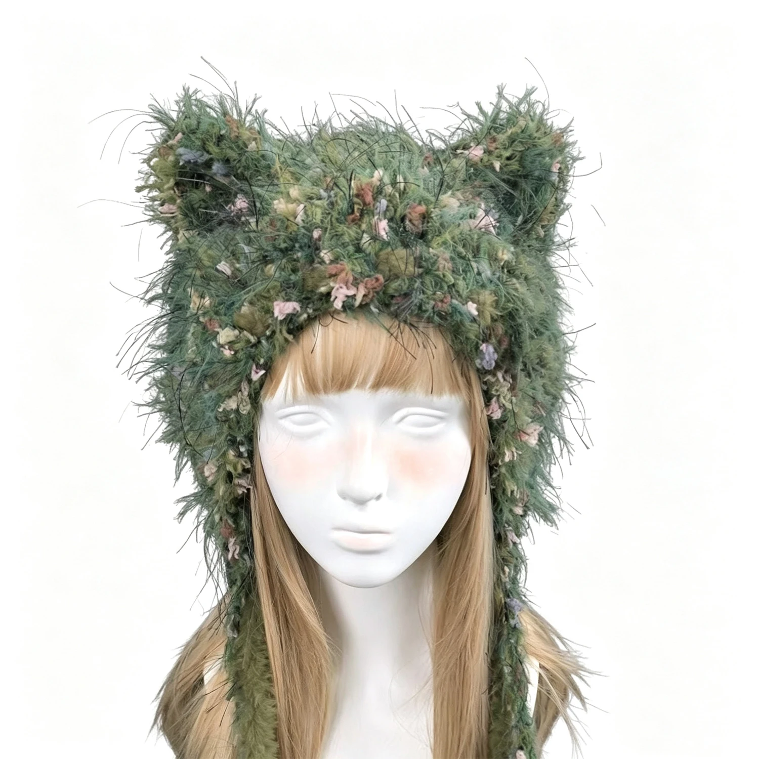 Custom Handmade Crochet Moss Green Cat Ear Earflap Hat Man Thin Plush Knitted Beanie Women Woodland Fairycore Winter Warm Cap