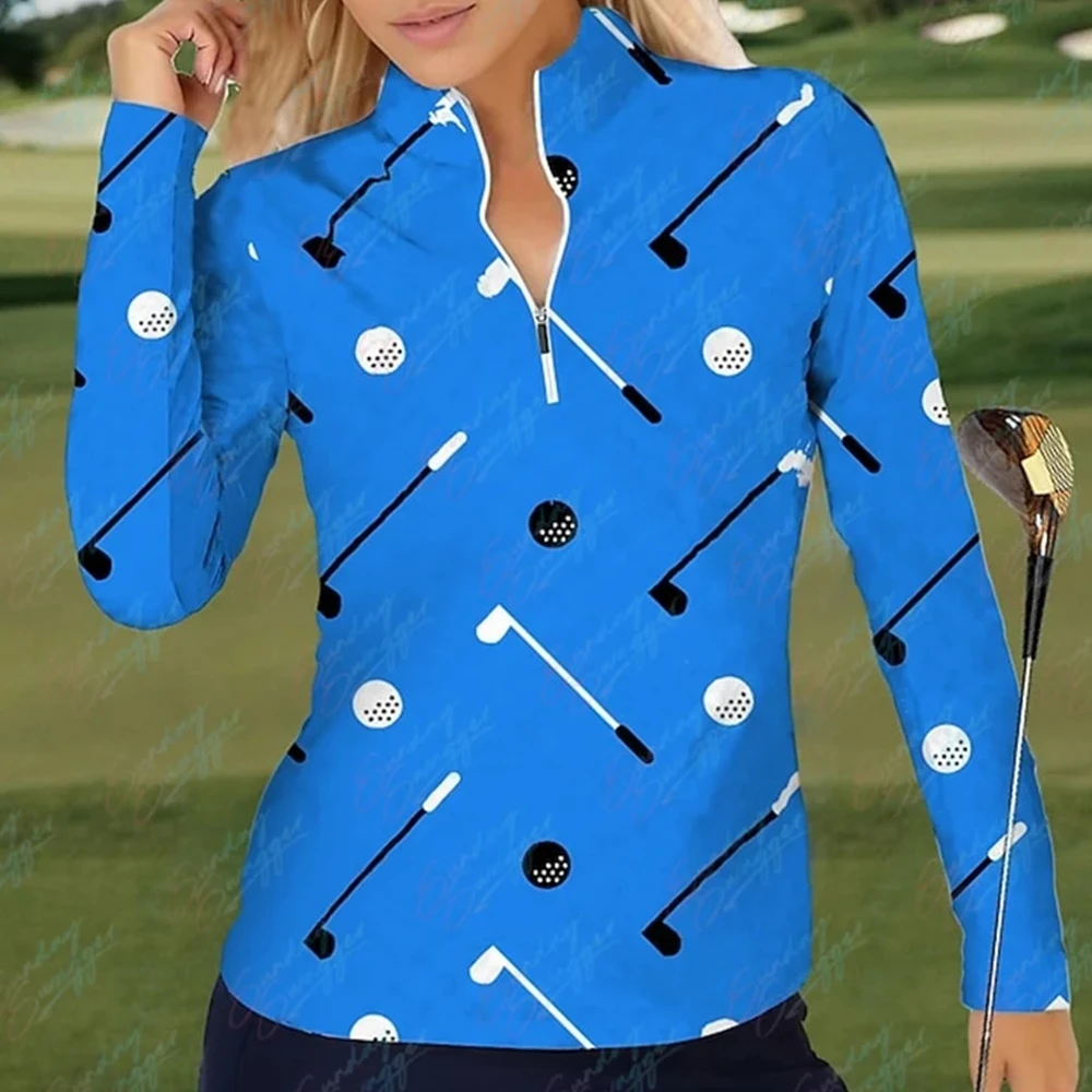 

Women's golf Polo shirt with golf club pattern funny breathable quick-drying sweat-absorbing long-sleeved tennis golf shirt