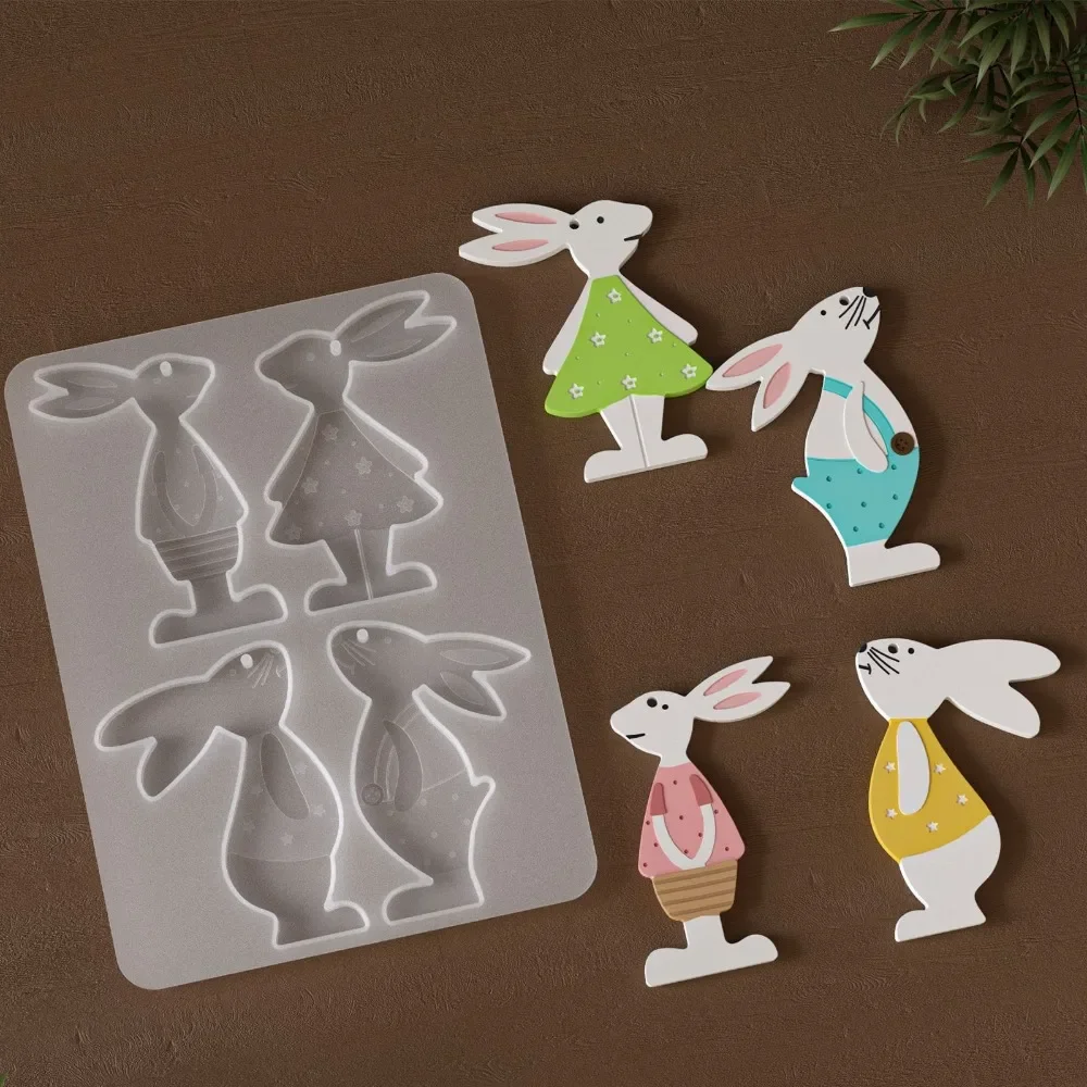

4 Pattern Rabbits Silicone Molds DIY Easter Hanging Tags Plaster Cement Mould Keychains Ornaments Epoxy Resin Craft Mold