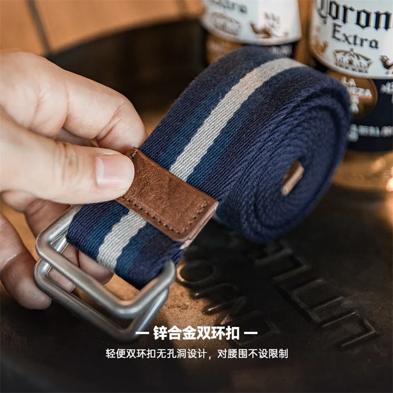 Maden Retro Belt Double-Ring Buckle Striped Belt No-Punch Woven Canvas Trouser Belt for Men\'s Daily Fashion Outfit