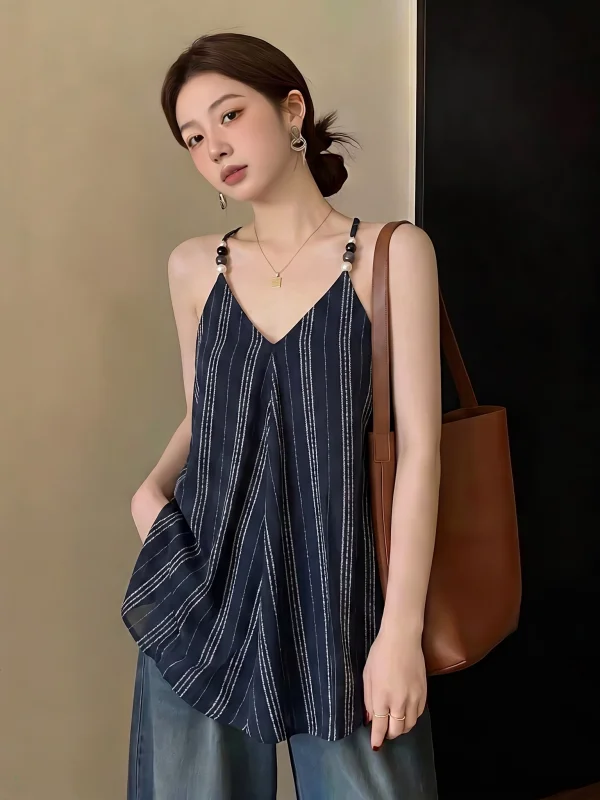 Chaleco sin espalda a rayas azules para mujer, ropa exterior de verano, nueva talla grande, top sin mangas de longitud midi que cubre el vientre, estilo casual, ajuste holgado.