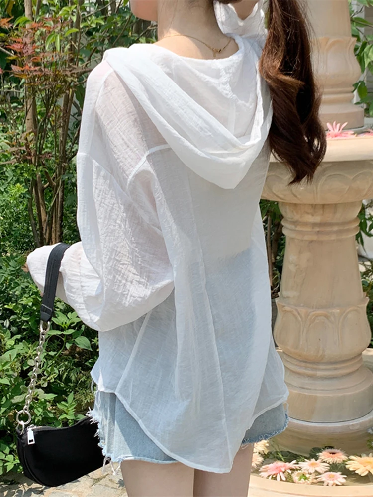 

plus Size Silk Blend Sun Protection irt Women's Summer White irt Outer Vest Loose Mid-Length Hooded Jaet