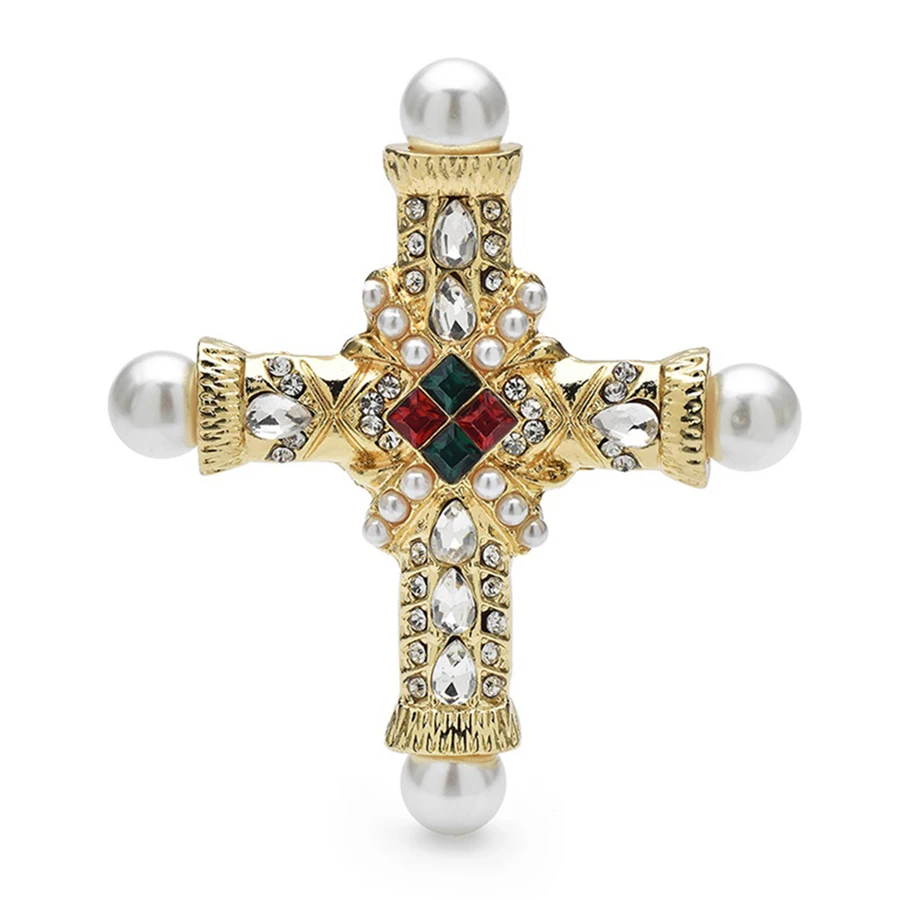 Palace Style Cross Brooches For Women Men Pearl Rhinestone Baroque Cross Party Casual Brooch Pins Gifts