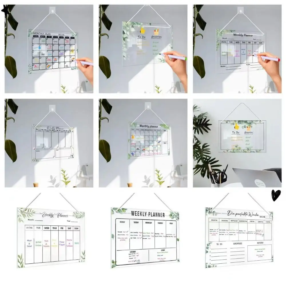 Transparent Message Board Monthly Weekly Acrylic Note Board Handwritting Green Leaves Pattern Erasable Whiteboard