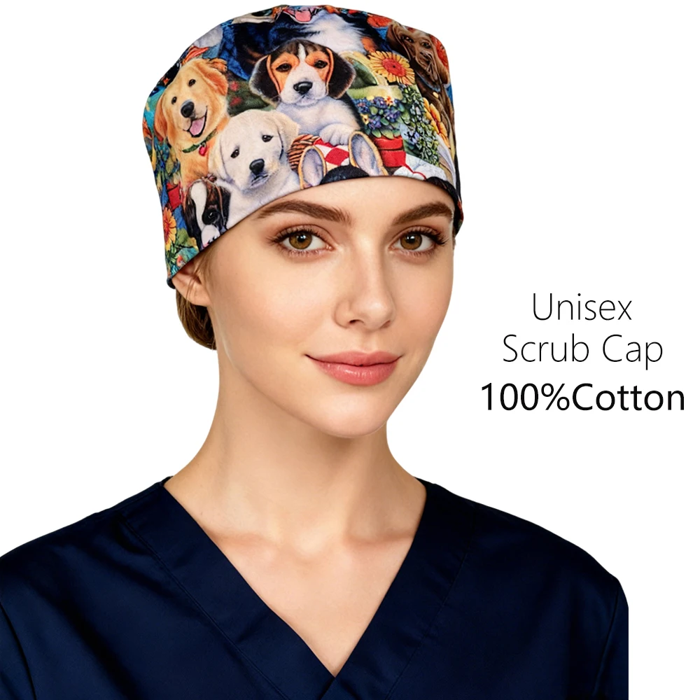 Unisex Dental Nursing Cap Dogs Pattern Medical Work Hat Dental Spa Pet Shop Vet Hats Woman Man Operating Room Surgical Scrub Cap