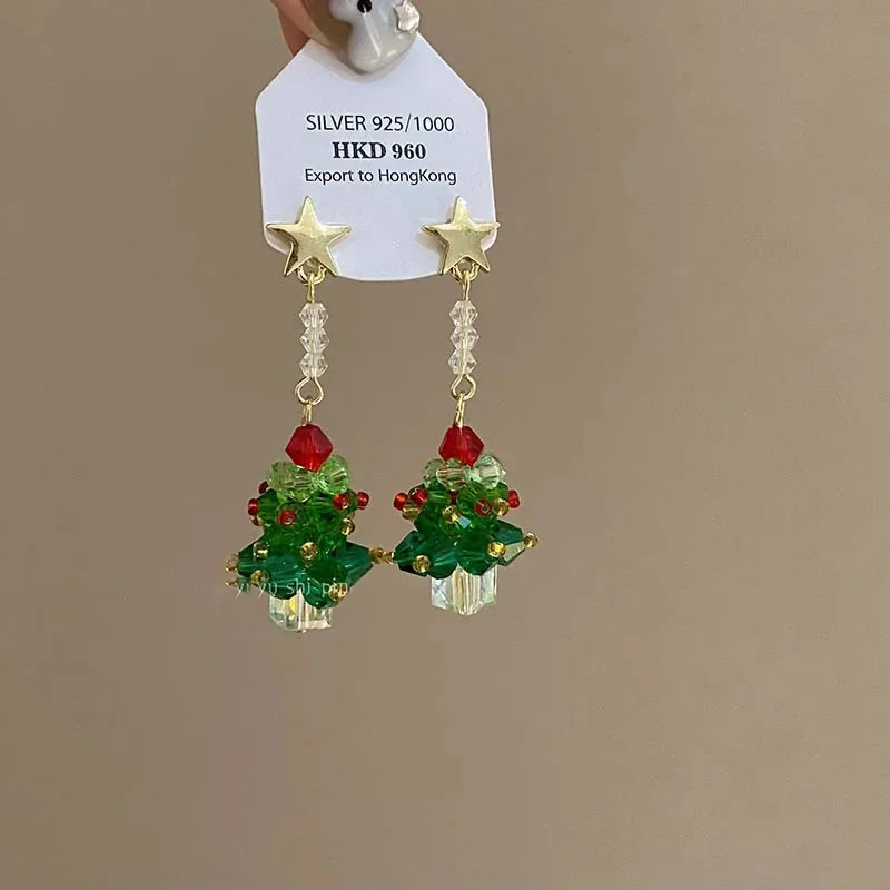 New Fashion Crystal Green Christmas Tree Dangle Earrings Delicate Glass Earring for Festivel Party Gift