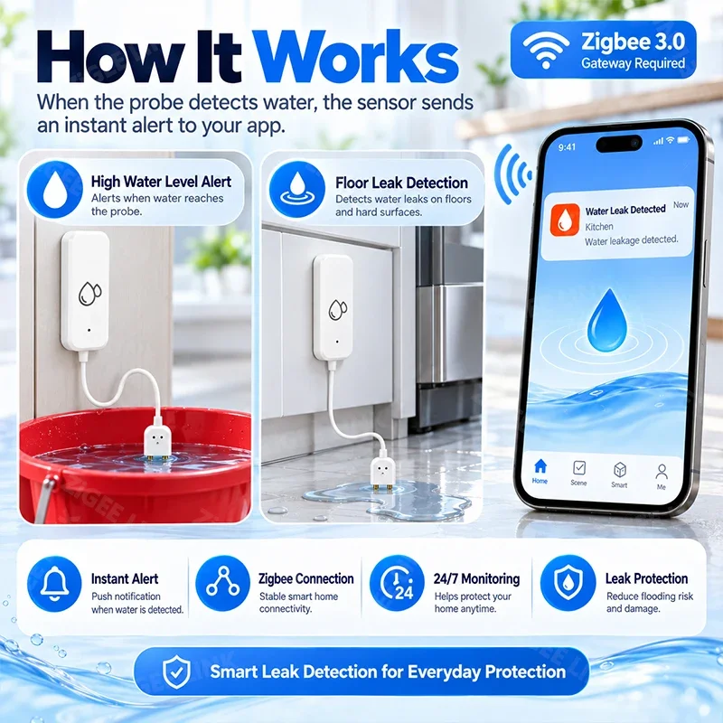 Zigbee3.0 Smart Water Leak Sensor Water Leakage Alarm App Notification Voice Control Via Alexa Google Home For Kitchen Bathroom