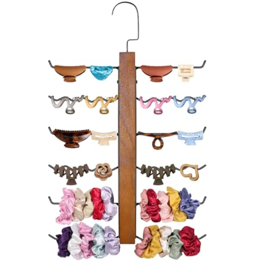 Claw Clip Organizer and Scrunchie Holder, 6-Tier Iron Rod Hair Clip Holder Hanger for Women Girls, MetalandWood Claw Clips Orga