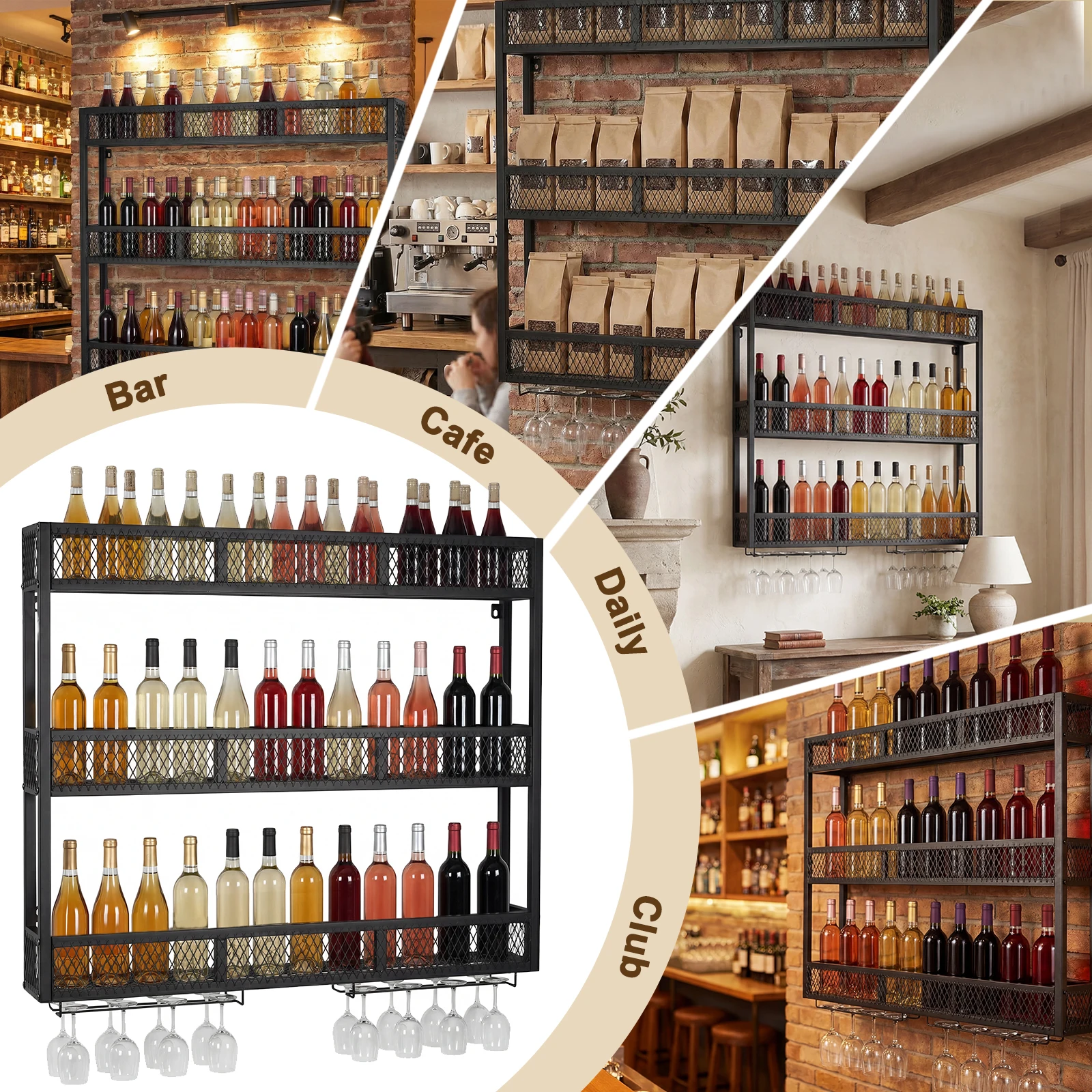 

39in 3-Tiers Wine Bottle Display Shelf with Glass Holder Metal Wine Bottle Display Rack for Kitchen Bar Dining Rooms Decoration