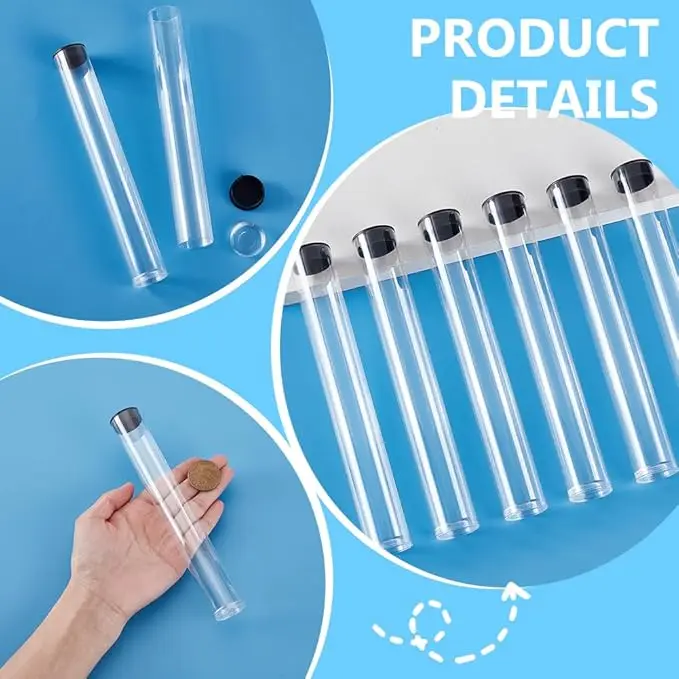 10pcs Many Sizes Clear Plastic Empty Storage Tubes-Flat Bottom -Press Fit Black Cap,Width 11mm To 29mm,Length 60mm To 550mm