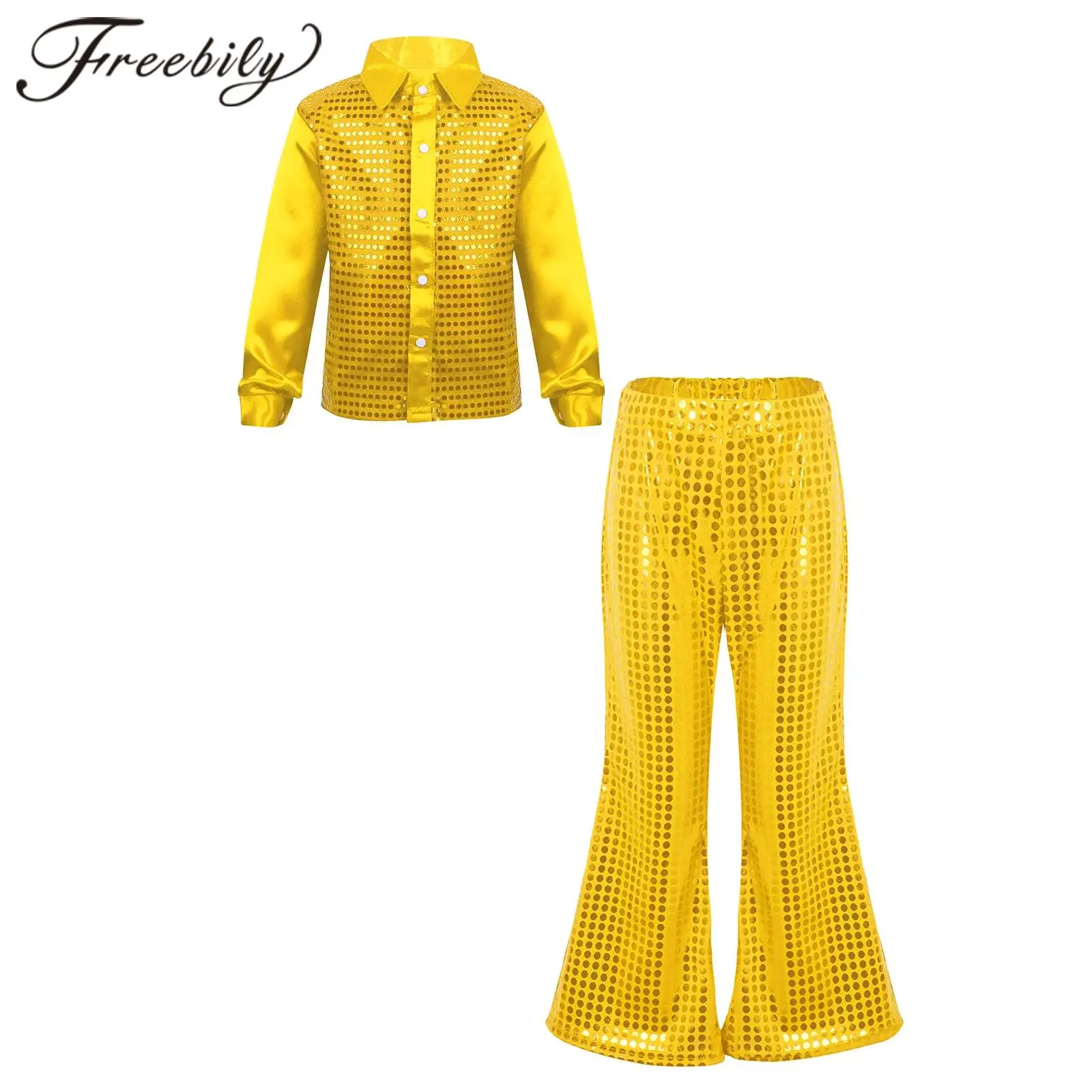 

Kids Fashion Children Clothes Outfits 2 Piece Set Boys Jazz Dance Outfit Glittery Sequined Long Sleeves Shirt with Flared Pants