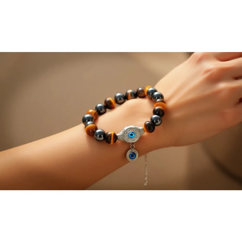 

Мужской браслет с бусинами в виде глаза-оберега, 10 мм, из натуральных камней, регулируемый, подарок