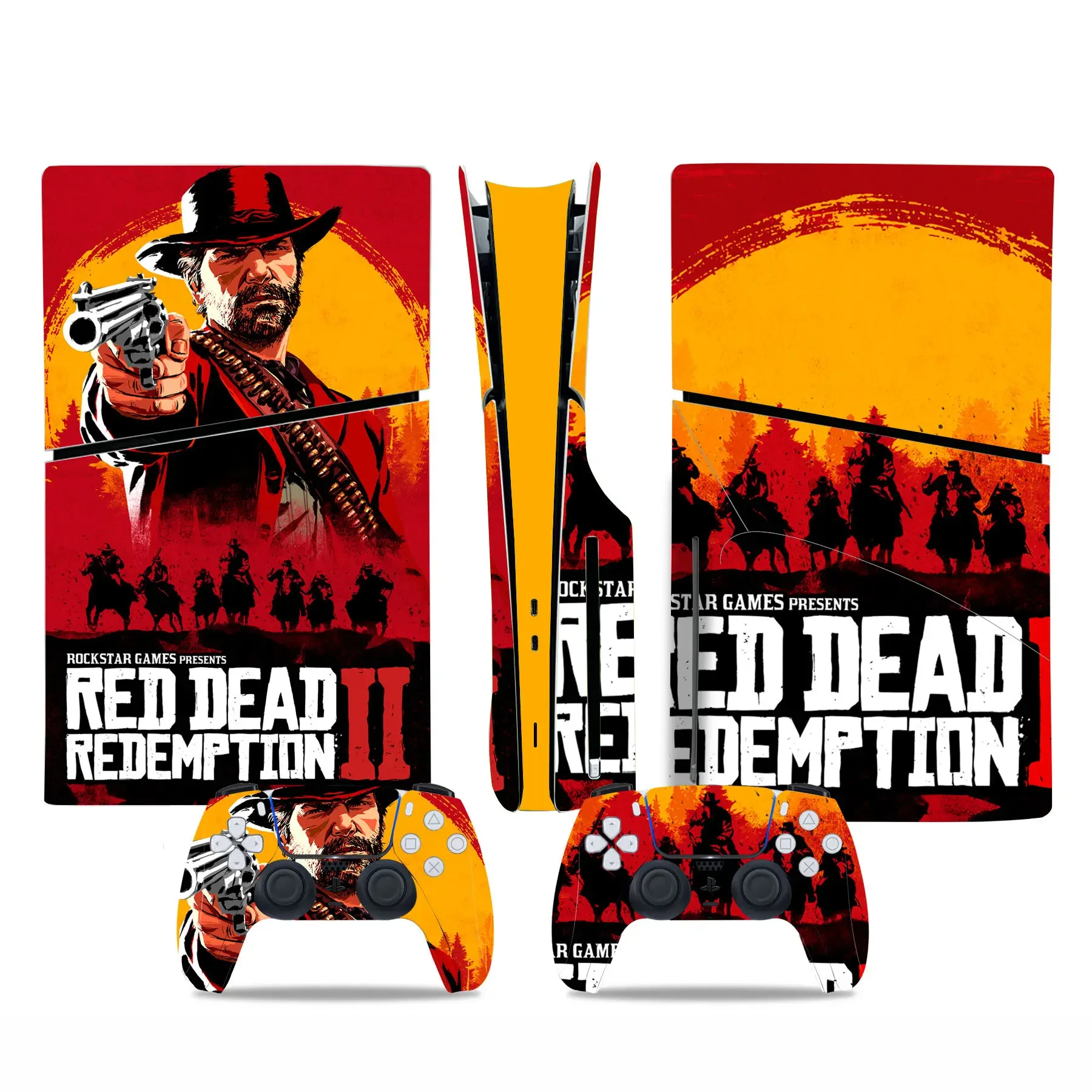 Red Dead Redemption 2 untuk PS5 ramping Disc kulit stiker penutup untuk konsol dan 2 pengontrol baru PS5 Slim disk kulit vinil