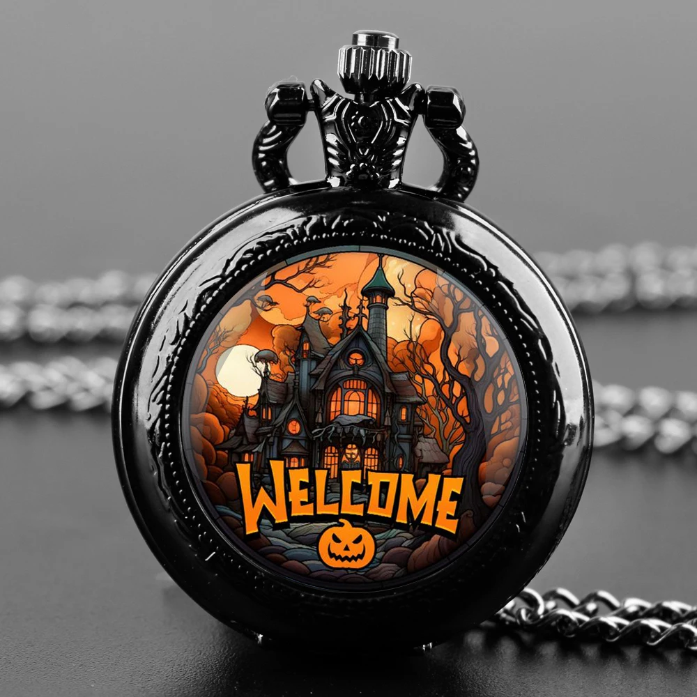 

Welcome to Halloween Glass Dome Quartz Pocket Watch With Durable Chain Arabic Numeral Dial Halloween Gifts for Kids