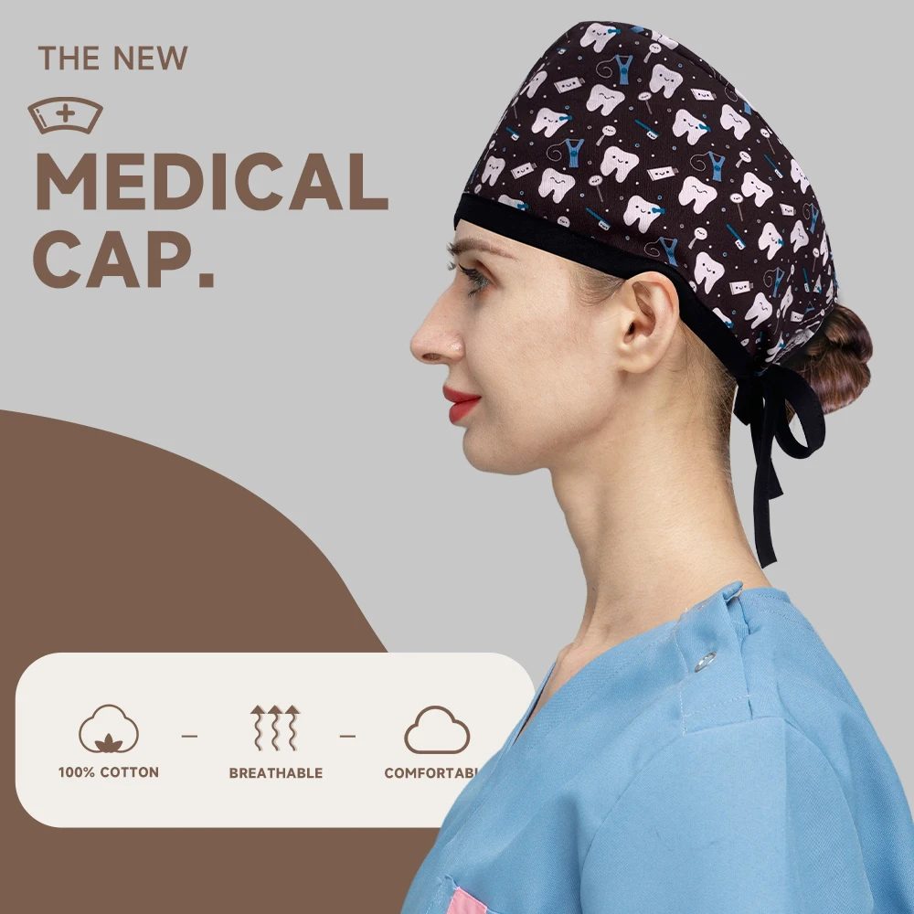 100% Baumwolle Scrubs Cap Cartoon Druck medizinische Kappen Frauen und Männer Pflege Hüte einstellbare Kosmetikerin Pet Shop Labor Spa Peeling Hut