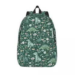 Folk Floral Dinosaur Backpack for Boy Girl Kids Student School Bookbag Cute Dino Green Canvas Daypack Kindergarten Primary Bag