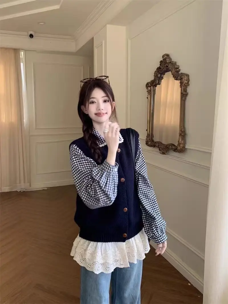 Retro Anti-Aging College Style Knitted Vest Plaid Shirt Two-Piece Set Women Spring Autumn Layering Vest Set Women