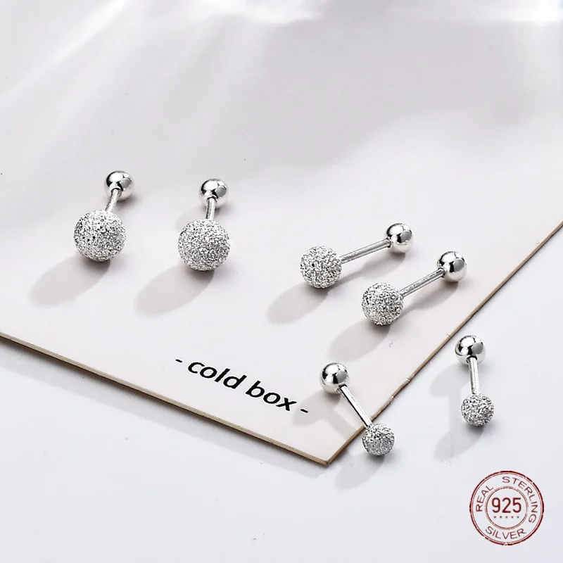 925 Sterling Silver Round Bead Double Stud Earrings for Girls Simple Screw Scrub Ball Female Earring Wedding Luxury Jewelry Gift