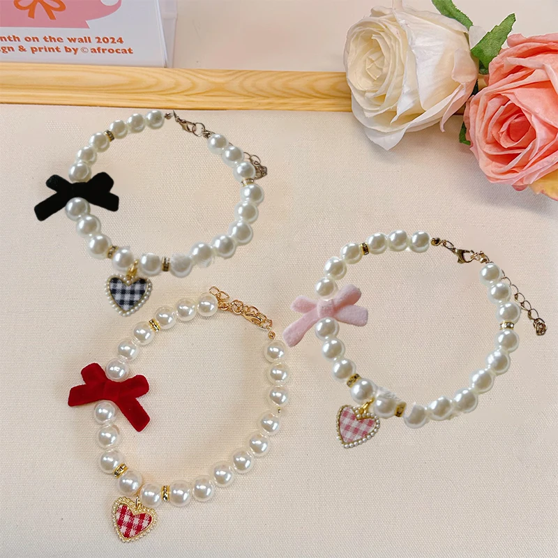 Pet Collar Kitten Dog Love Pearl Necklace Vintage High Quality Bow