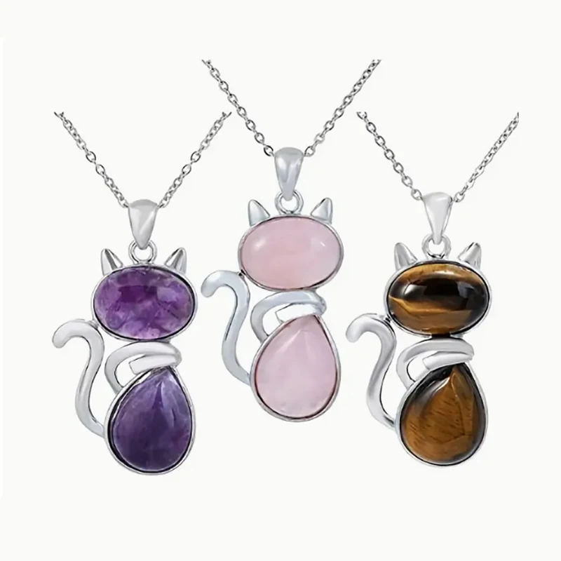 Natural Stone Necklaces Pink Quartz Pendants For Women Girl Cute Cat Shape Rock Black Onyx Beads Chain Jewelry